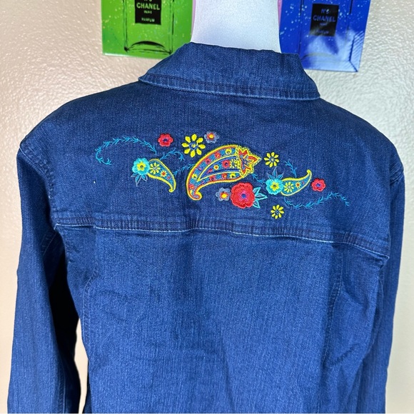 Blair Embroidered Denim Jacket Button Up Blue Weekend Retro Large - Picture 5 of 12